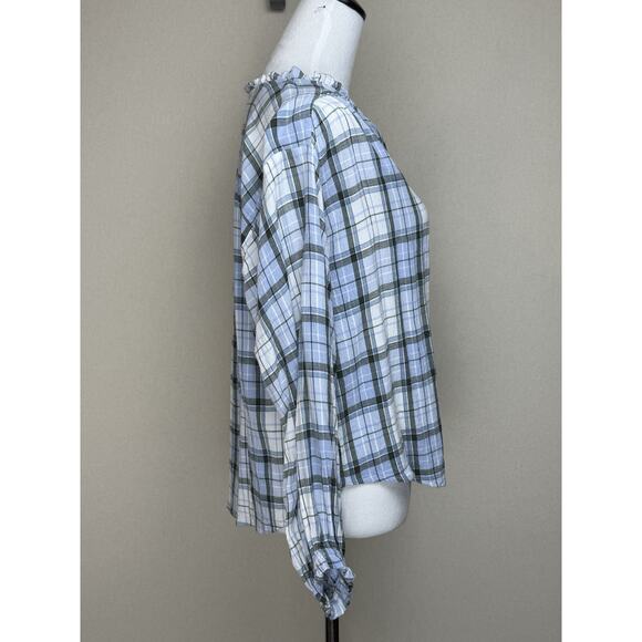 Loft Women’s Sz S Blue White Plaid V-Neck Ruffle Trim Crepe Texture Button Up - Picture 4 of 12